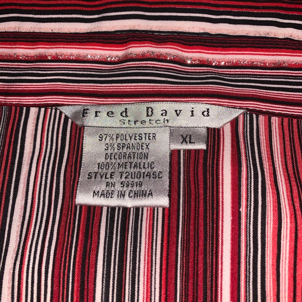 Red, silver, black and white button down shirt